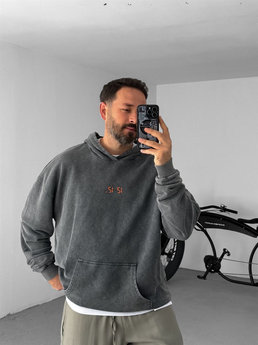 Antrasit 12:12 Baskılı Kapüşonlu Sweatshirt PM-152