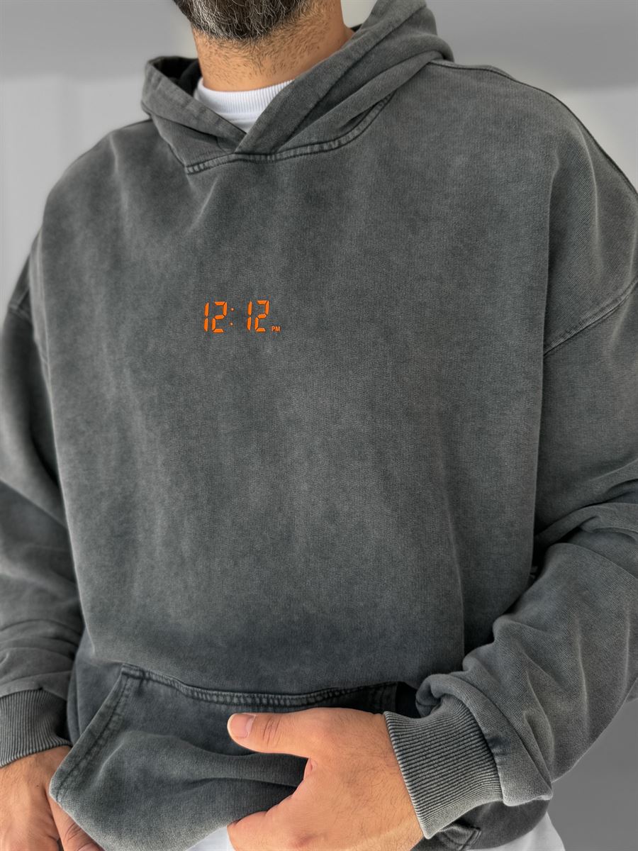 Antrasit 12:12 Baskılı Kapüşonlu Sweatshirt PM-152