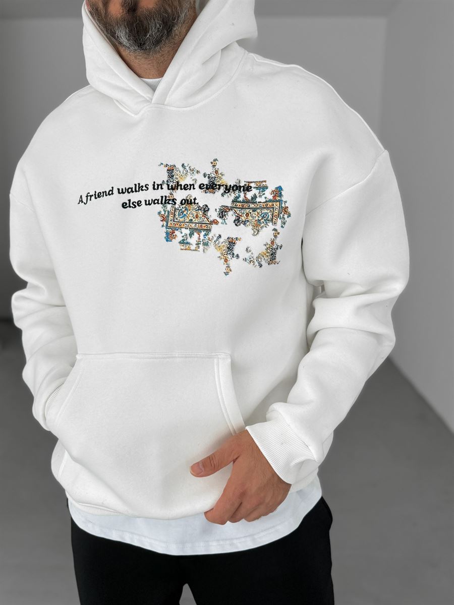 Beyaz Motifli Kapüşonlu Sweatshirt B-2035