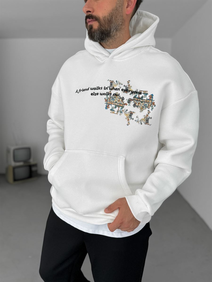 Beyaz Motifli Kapüşonlu Sweatshirt B-2035