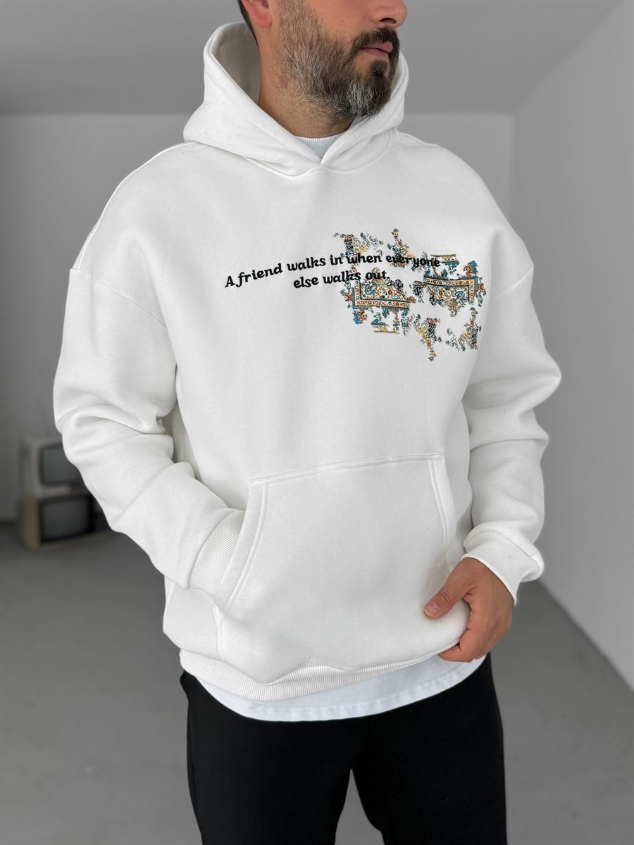 Beyaz Motifli Kapüşonlu Sweatshirt B-2035