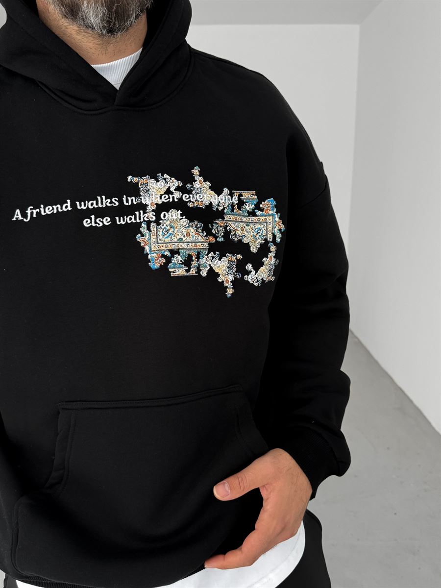 Siyah Motifli Kapüşonlu Sweatshirt B-2035