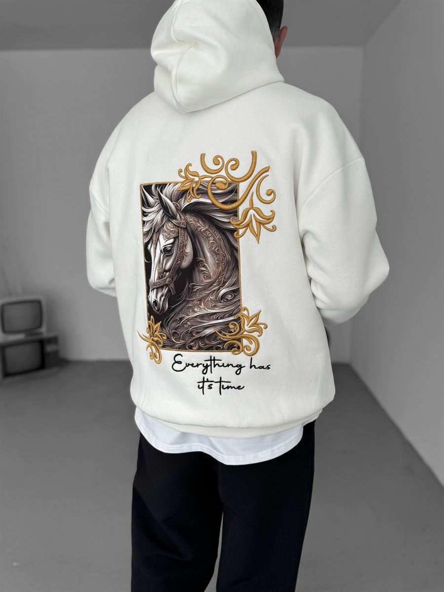 Beyaz Horse Patchli Kapüşonlu Sweat B-2036