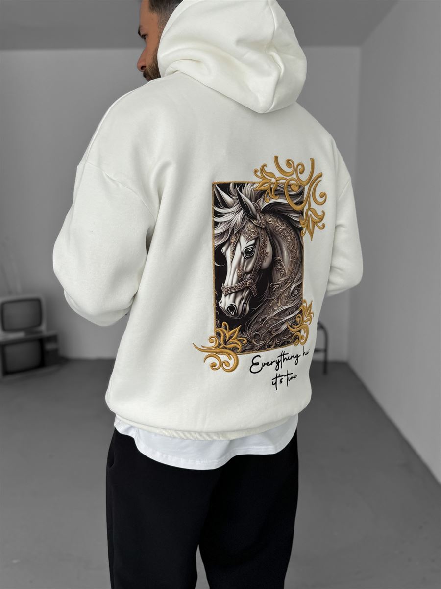 Beyaz Horse Patchli Kapüşonlu Sweat B-2036