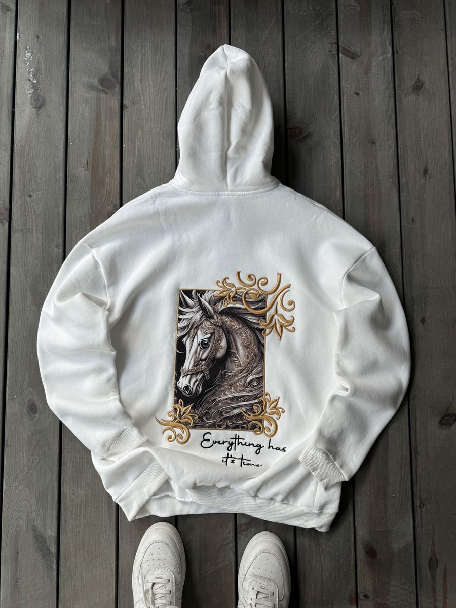 Beyaz Horse Patchli Kapüşonlu Sweat B-2036