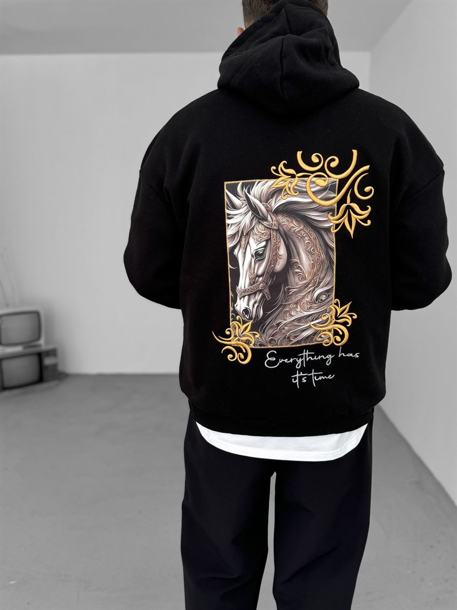 Siyah Horse Patchli Kapüşonlu Sweat B-2036