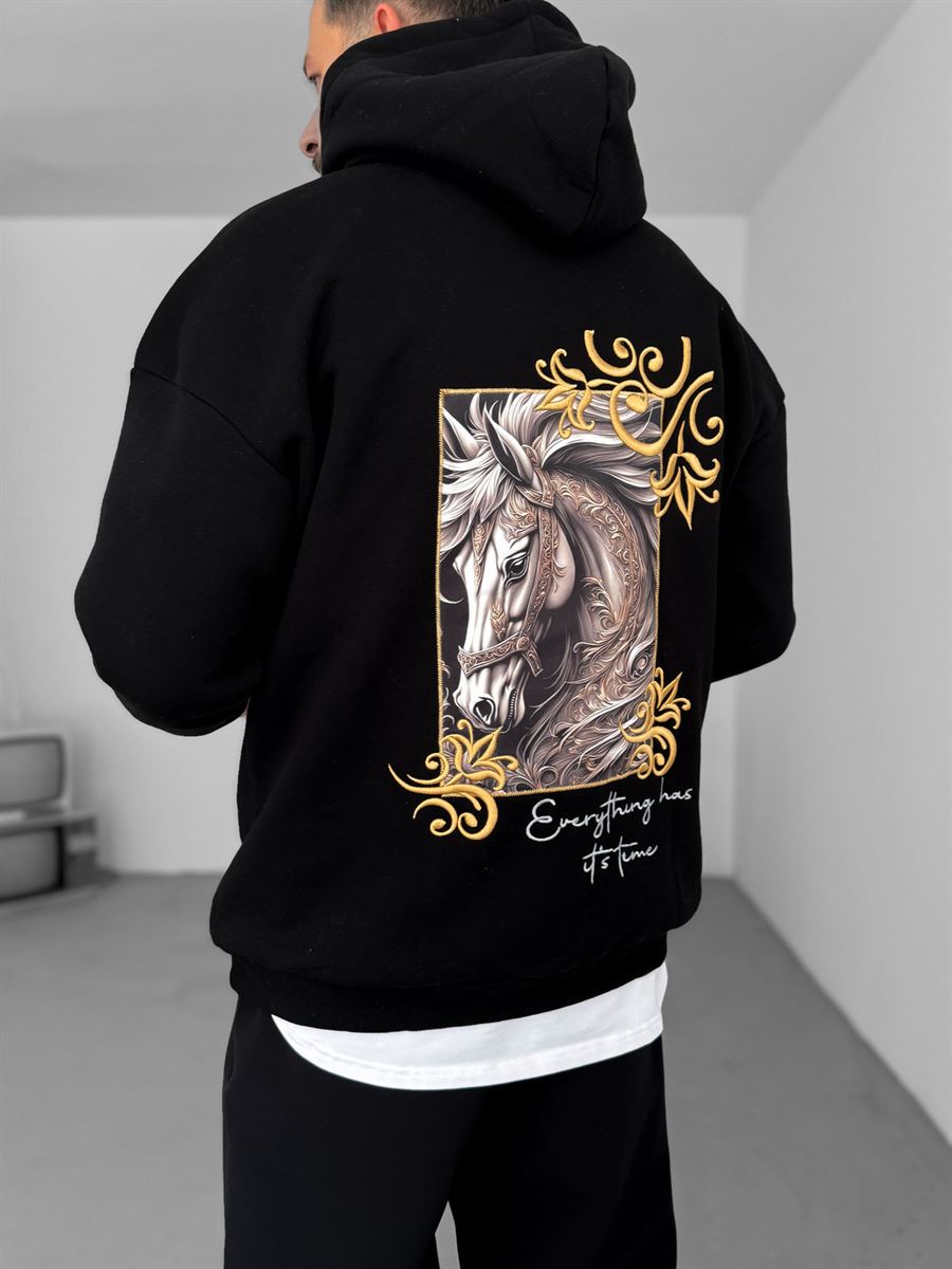 Siyah Horse Patchli Kapüşonlu Sweat B-2036