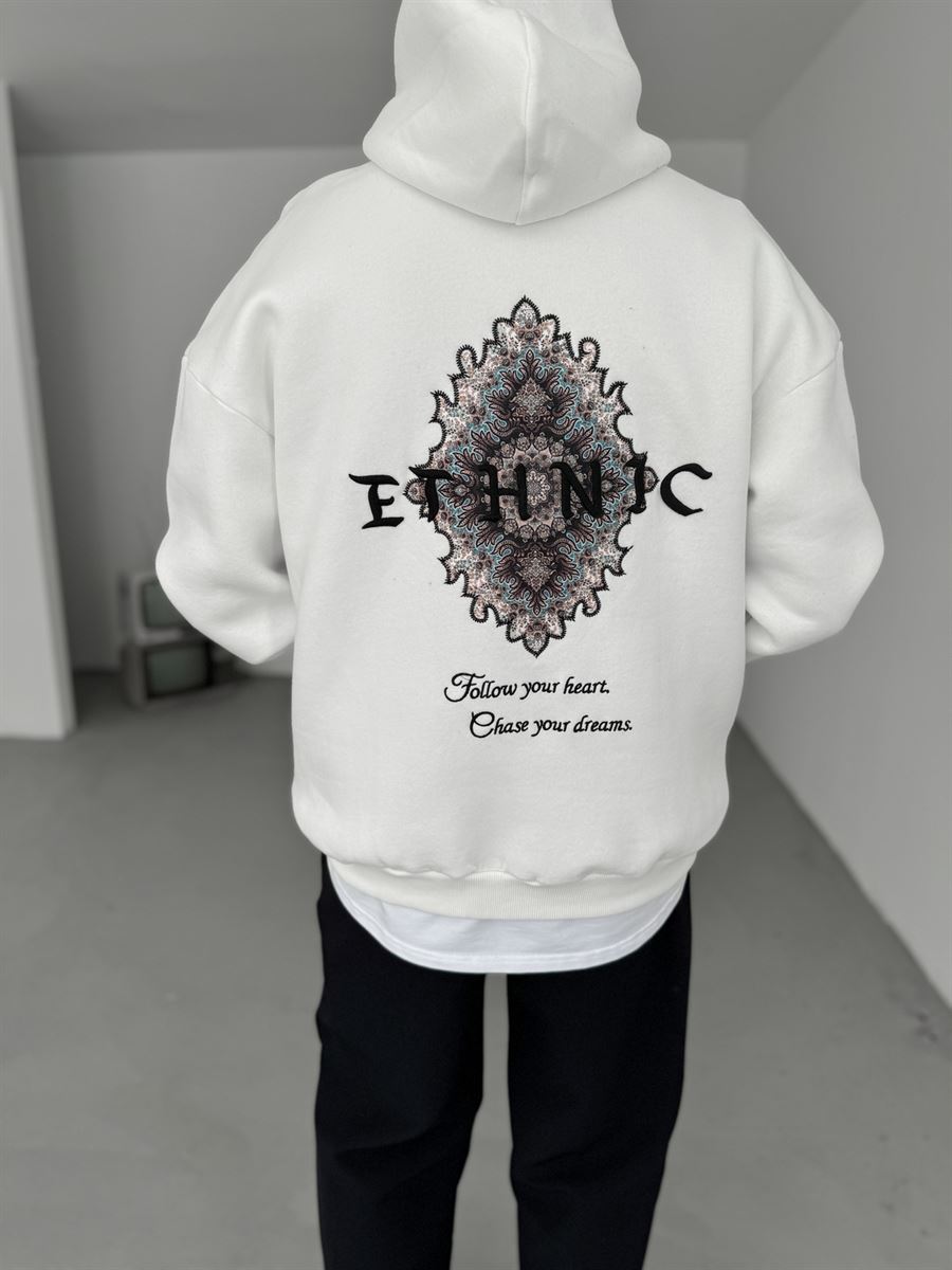 Beyaz Ethnic Patchli Kapüşonlu Sweat B-2021