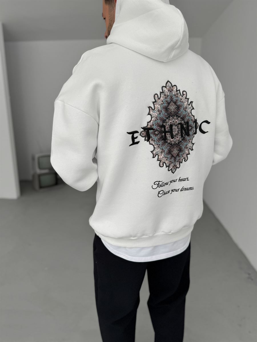 Beyaz Ethnic Patchli Kapüşonlu Sweat B-2021