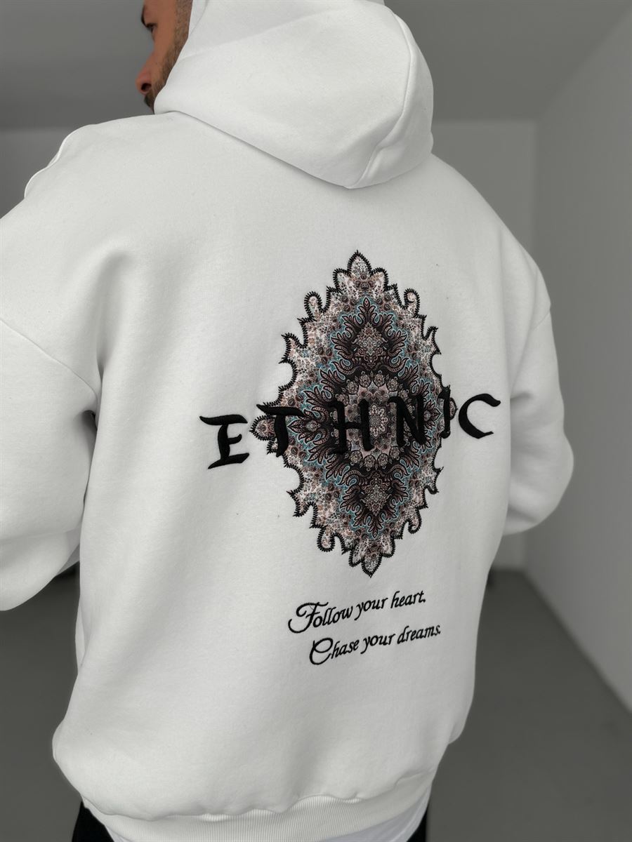 Beyaz Ethnic Patchli Kapüşonlu Sweat B-2021