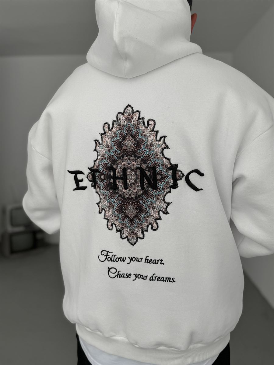 Beyaz Ethnic Patchli Kapüşonlu Sweat B-2021