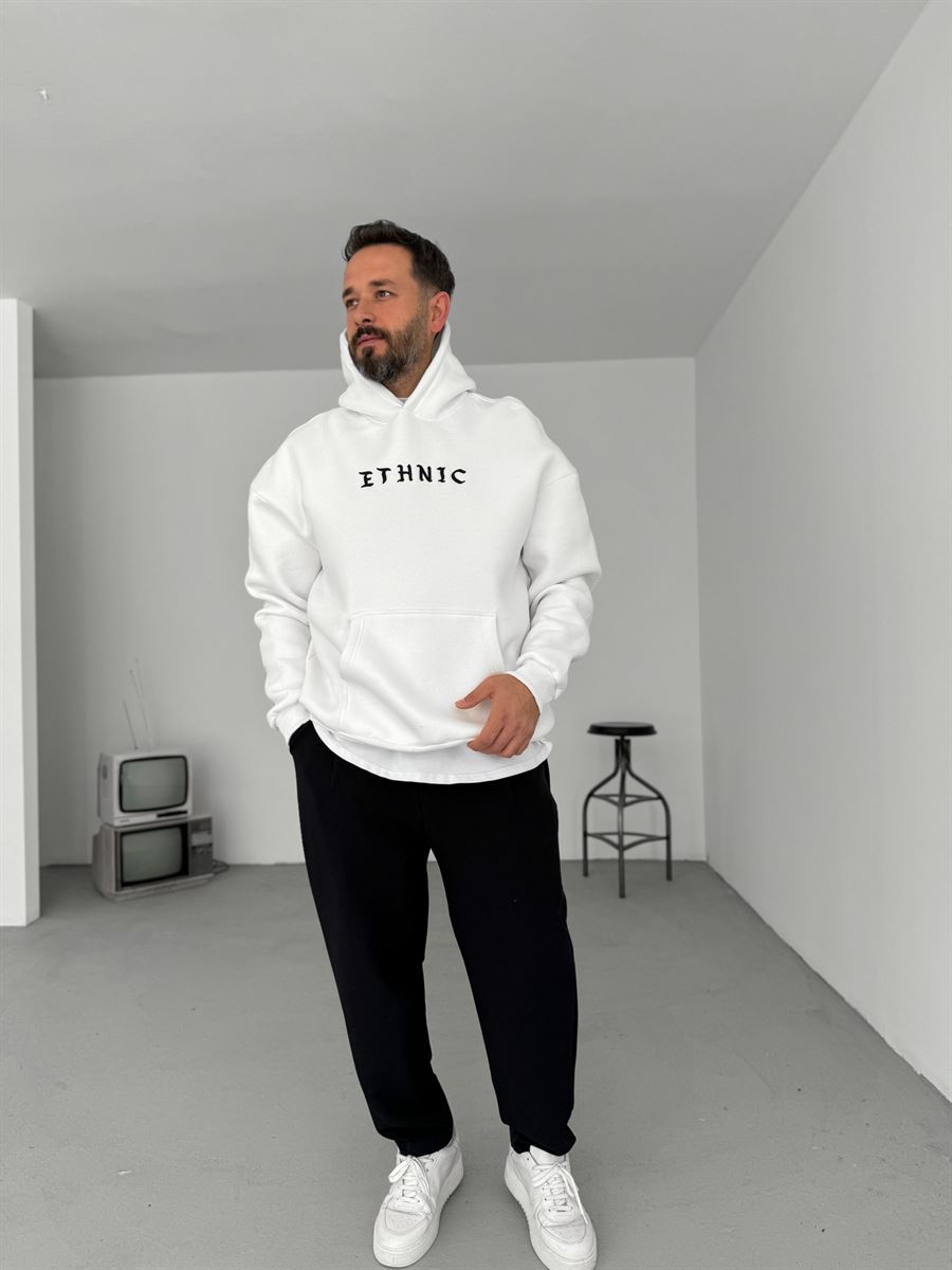 Beyaz Ethnic Patchli Kapüşonlu Sweat B-2021