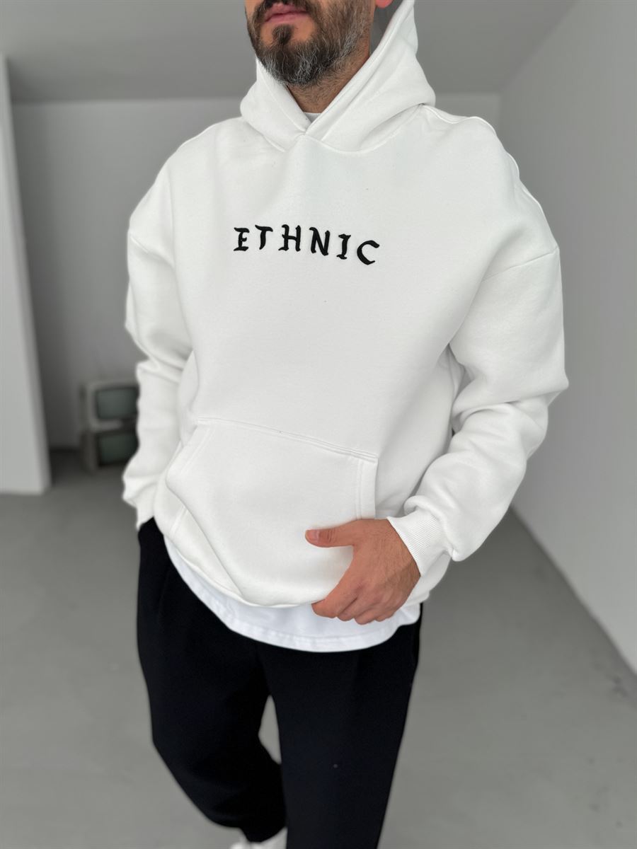 Beyaz Ethnic Patchli Kapüşonlu Sweat B-2021