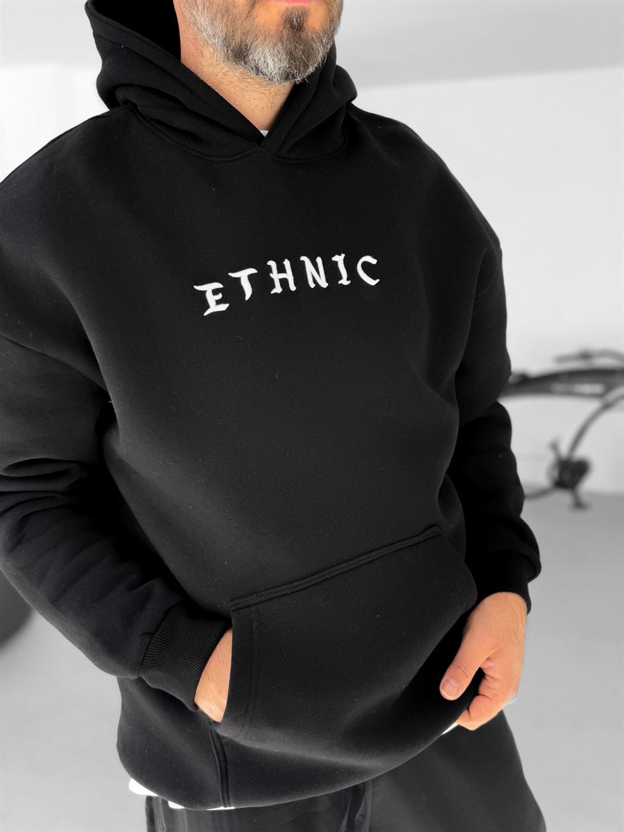 Siyah Ethnic Patchli Kapüşonlu Sweat B-2021