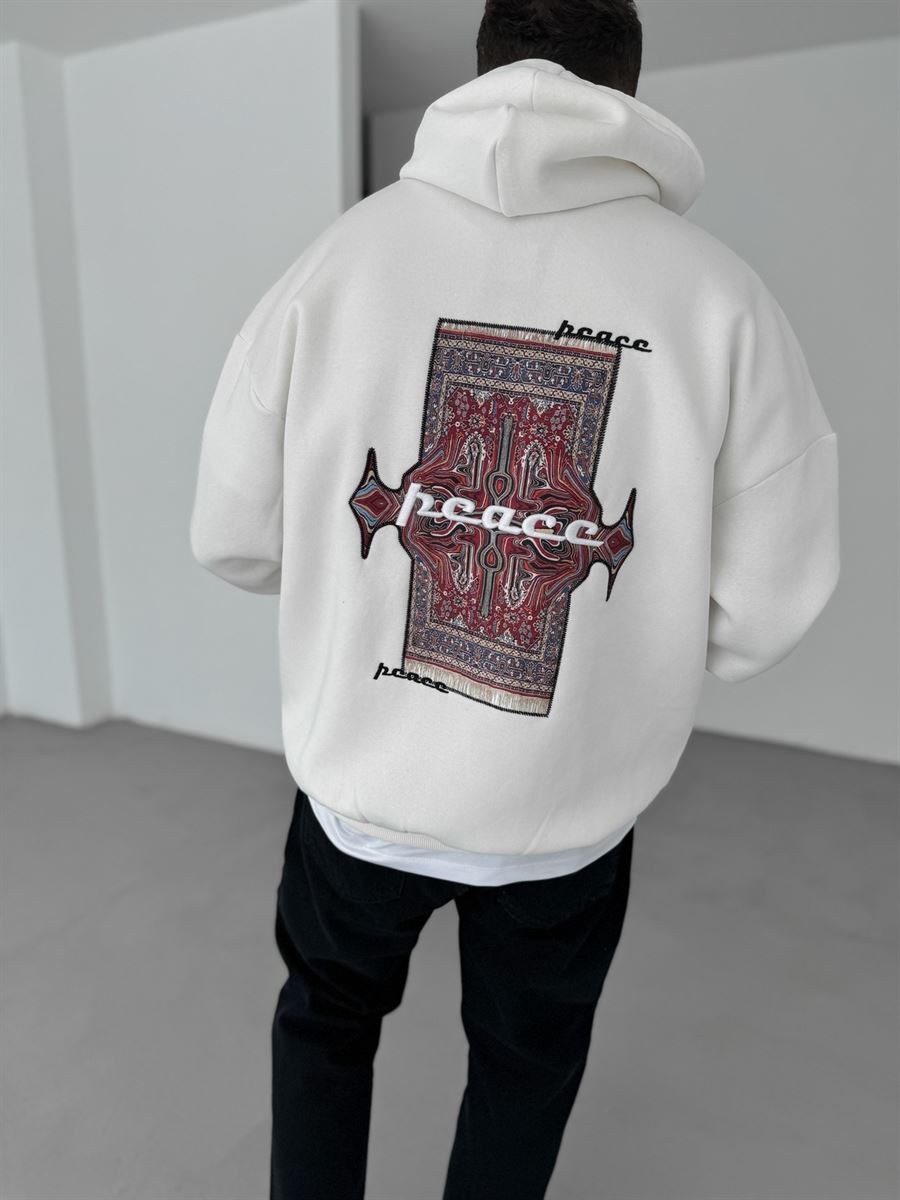 Beyaz Peace Patchli Kapüşonlu Sweat B-2060