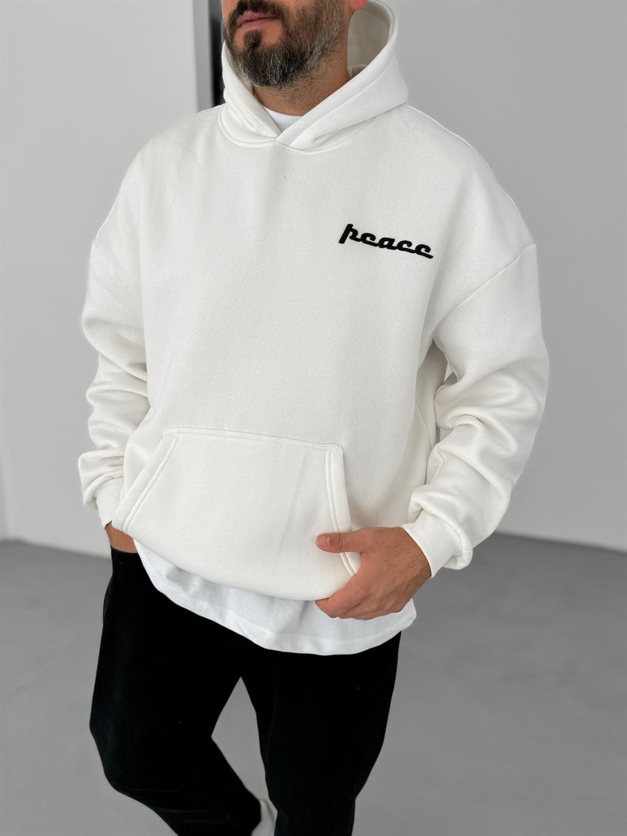 Beyaz Peace Patchli Kapüşonlu Sweat B-2060