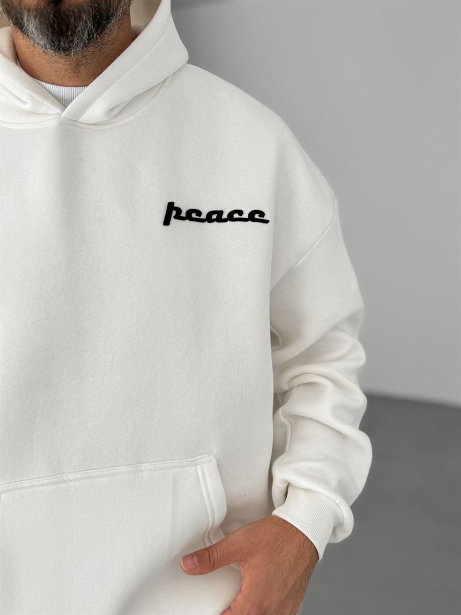 Beyaz Peace Patchli Kapüşonlu Sweat B-2060