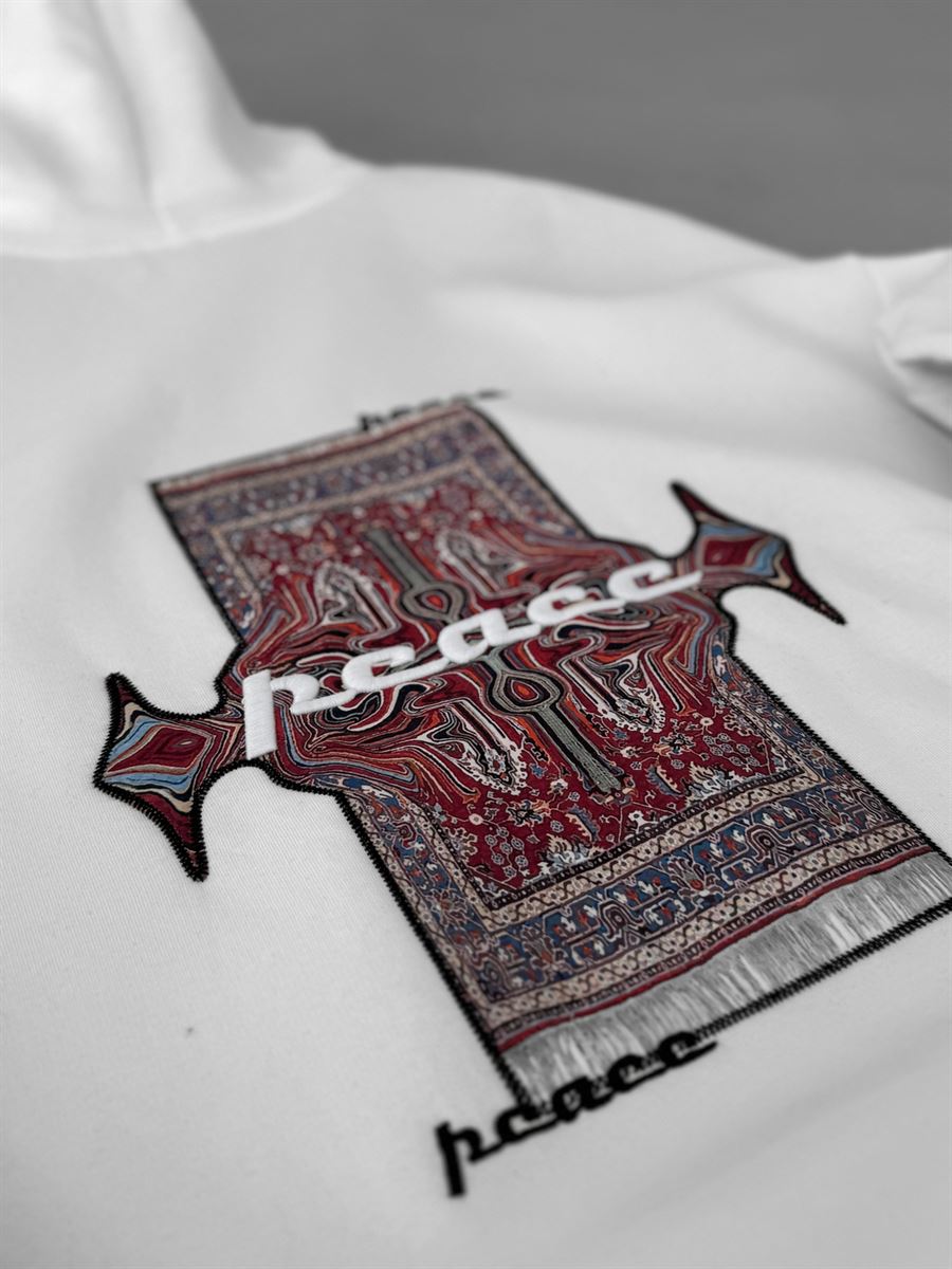 Beyaz Peace Patchli Kapüşonlu Sweat B-2060