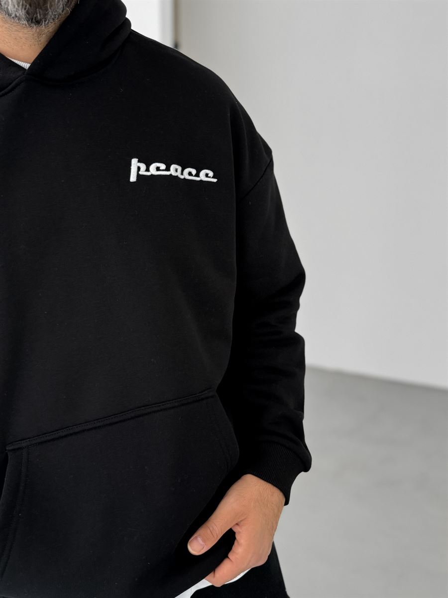 Siyah Peace Patchli Kapüşonlu Sweat B-2060