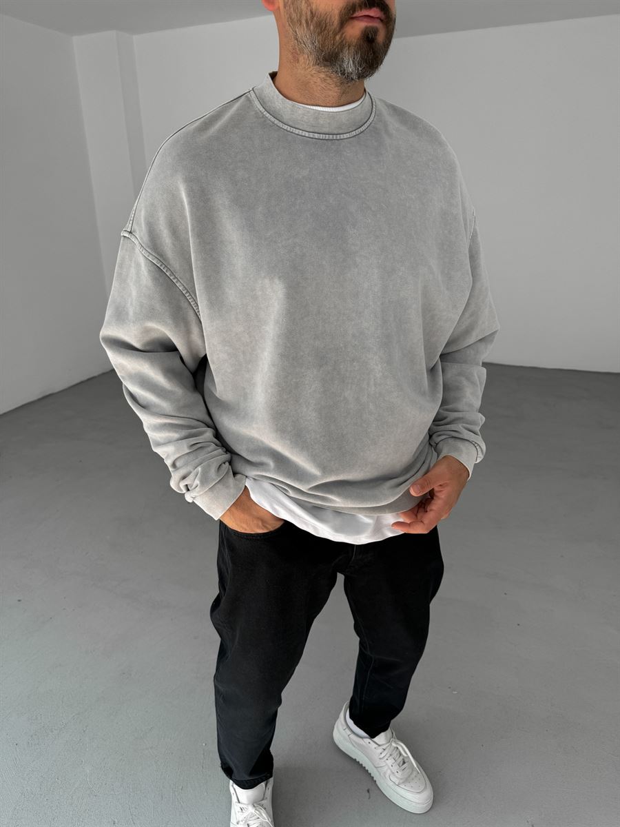 Açık Gri Yıkamalı Basic Sweatshirt DF-2065