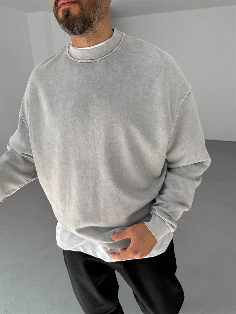 Açık Gri Yıkamalı Basic Sweatshirt DF-2065