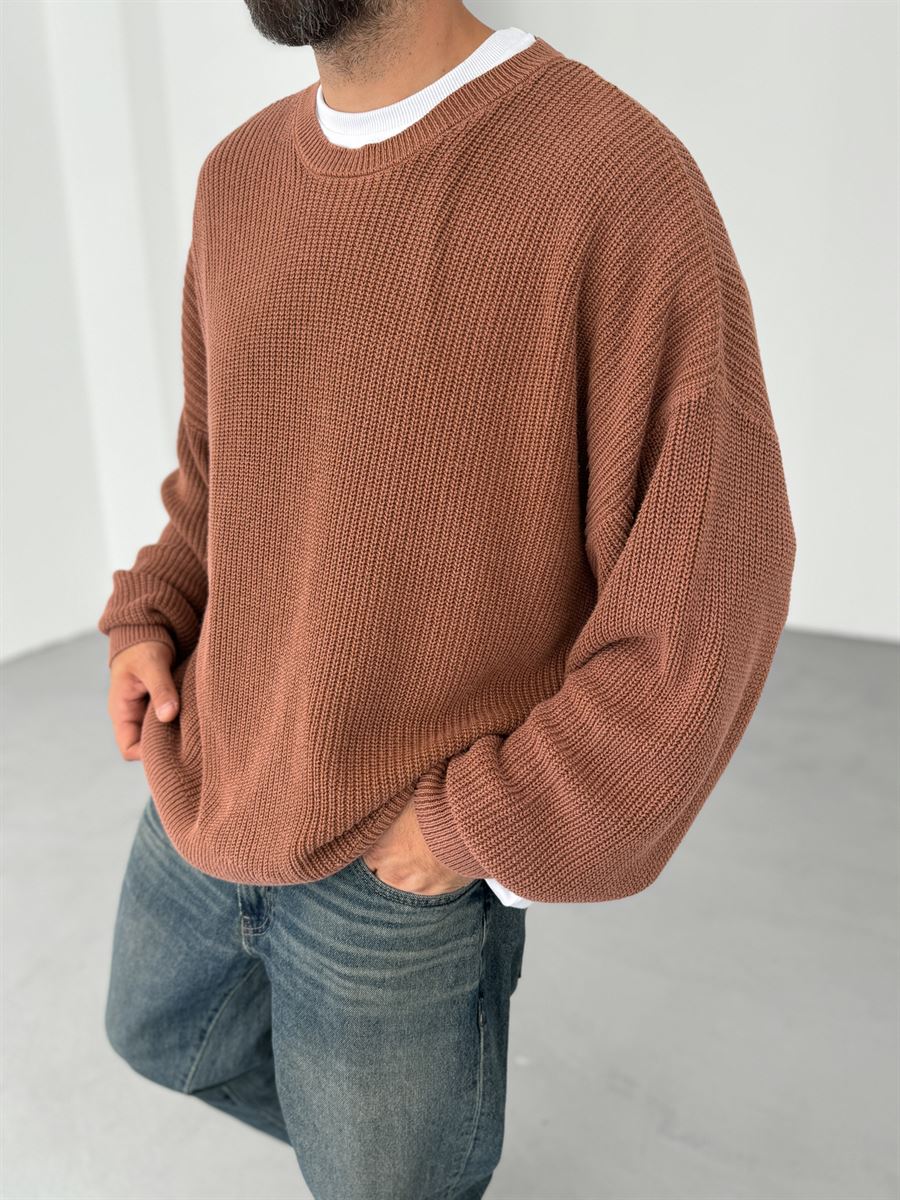 Kahve Basic Oversize Örme Kazak JJ-304