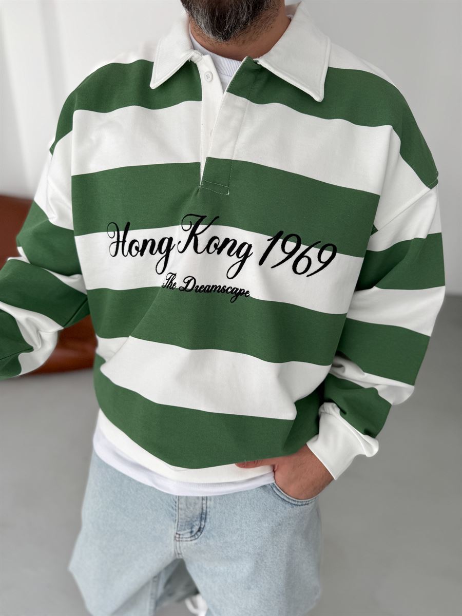 Yeşil Çizgili Hong Kong Nakışlı Sweat JJ-102