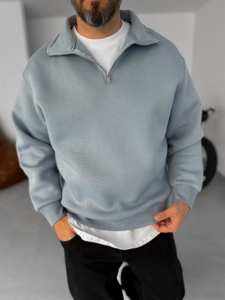 Açık Mavi Basic Yarım Fermuarlı Sweatshirt YP-4043