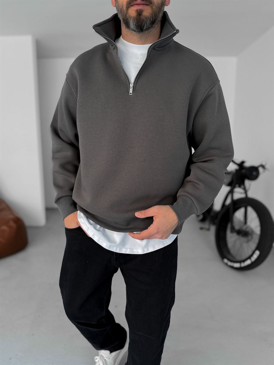 Füme Basic Yarım Fermuarlı Sweatshirt YP-4043