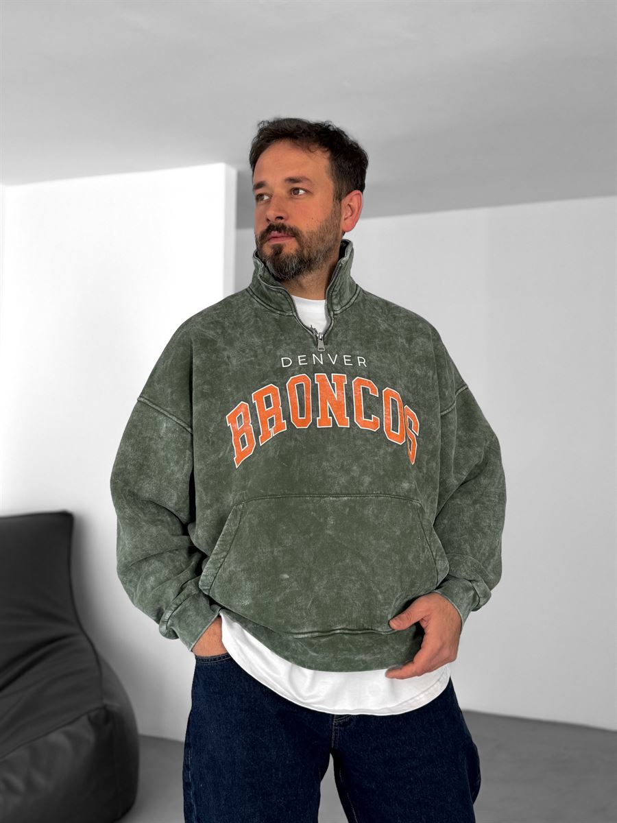 Haki Broncos Yarım Fermuarlı Yıkamalı Sweat JJ-332