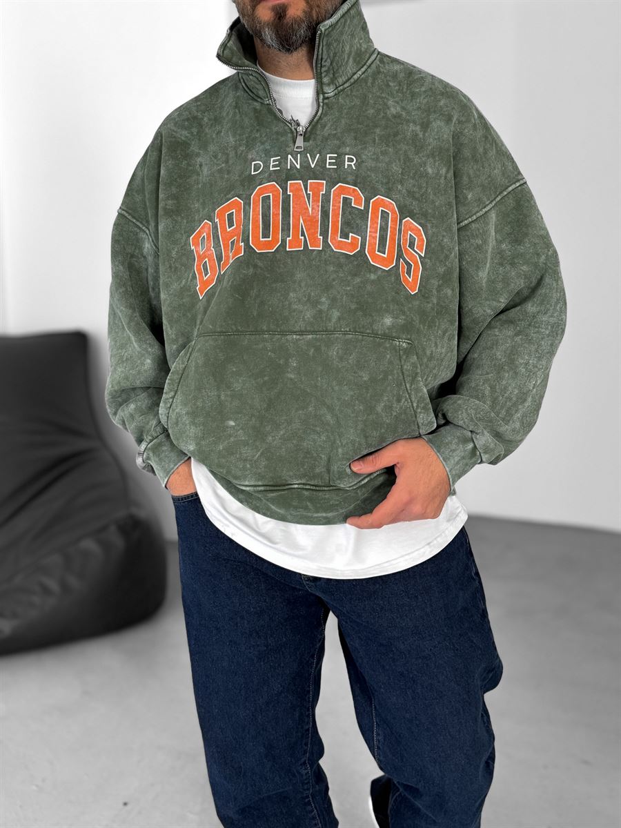 Haki Broncos Yarım Fermuarlı Yıkamalı Sweat JJ-332