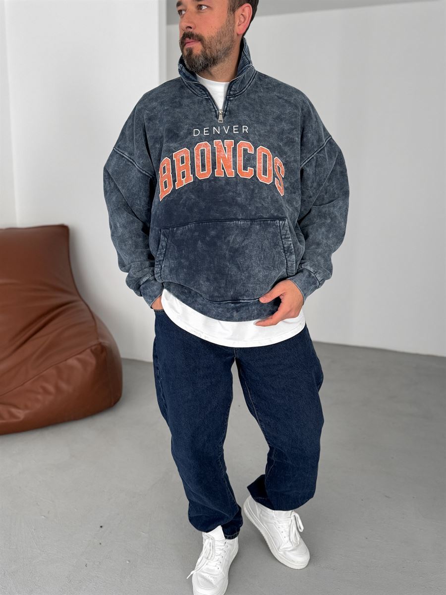 Lacivert Broncos Yarım Fermuarlı Yıkamalı Sweat JJ-332