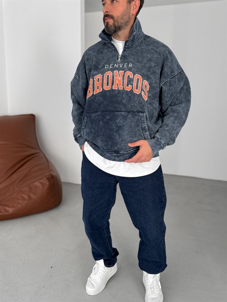 Lacivert Broncos Yarım Fermuarlı Yıkamalı Sweat JJ-332