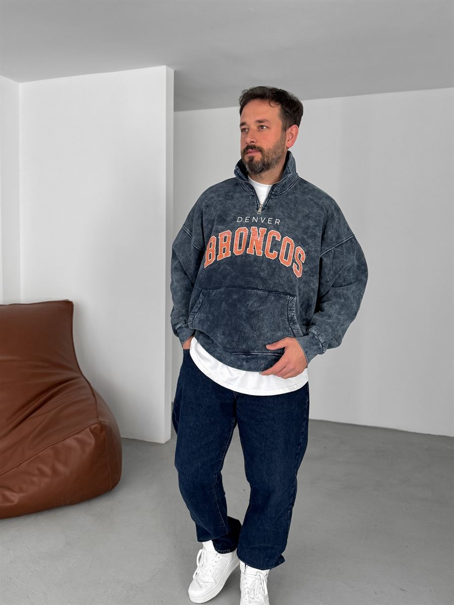 Lacivert Broncos Yarım Fermuarlı Yıkamalı Sweat JJ-332