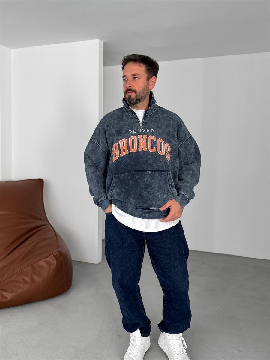 Lacivert Broncos Yarım Fermuarlı Yıkamalı Sweat JJ-332