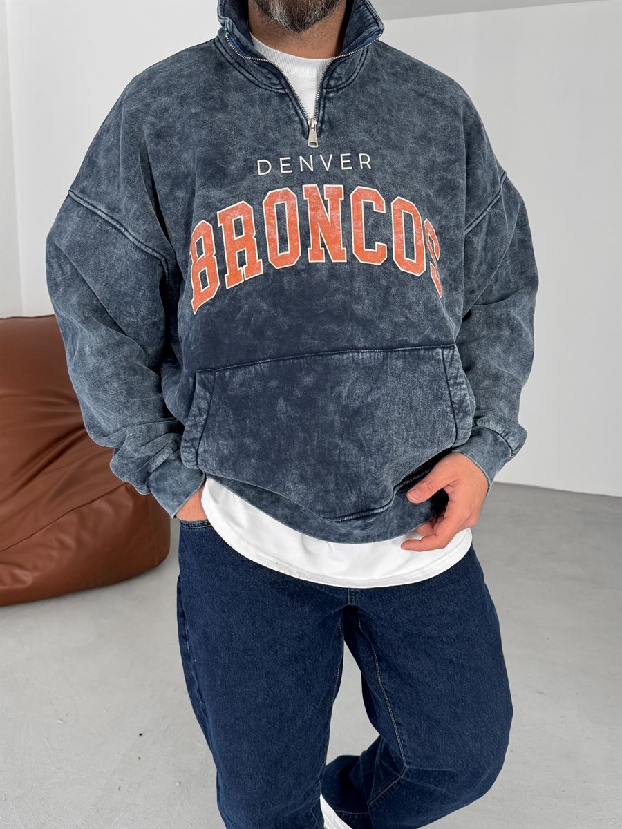 Lacivert Broncos Yarım Fermuarlı Yıkamalı Sweat JJ-332