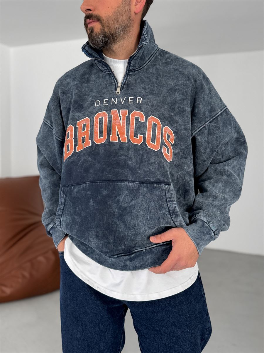 Lacivert Broncos Yarım Fermuarlı Yıkamalı Sweat JJ-332