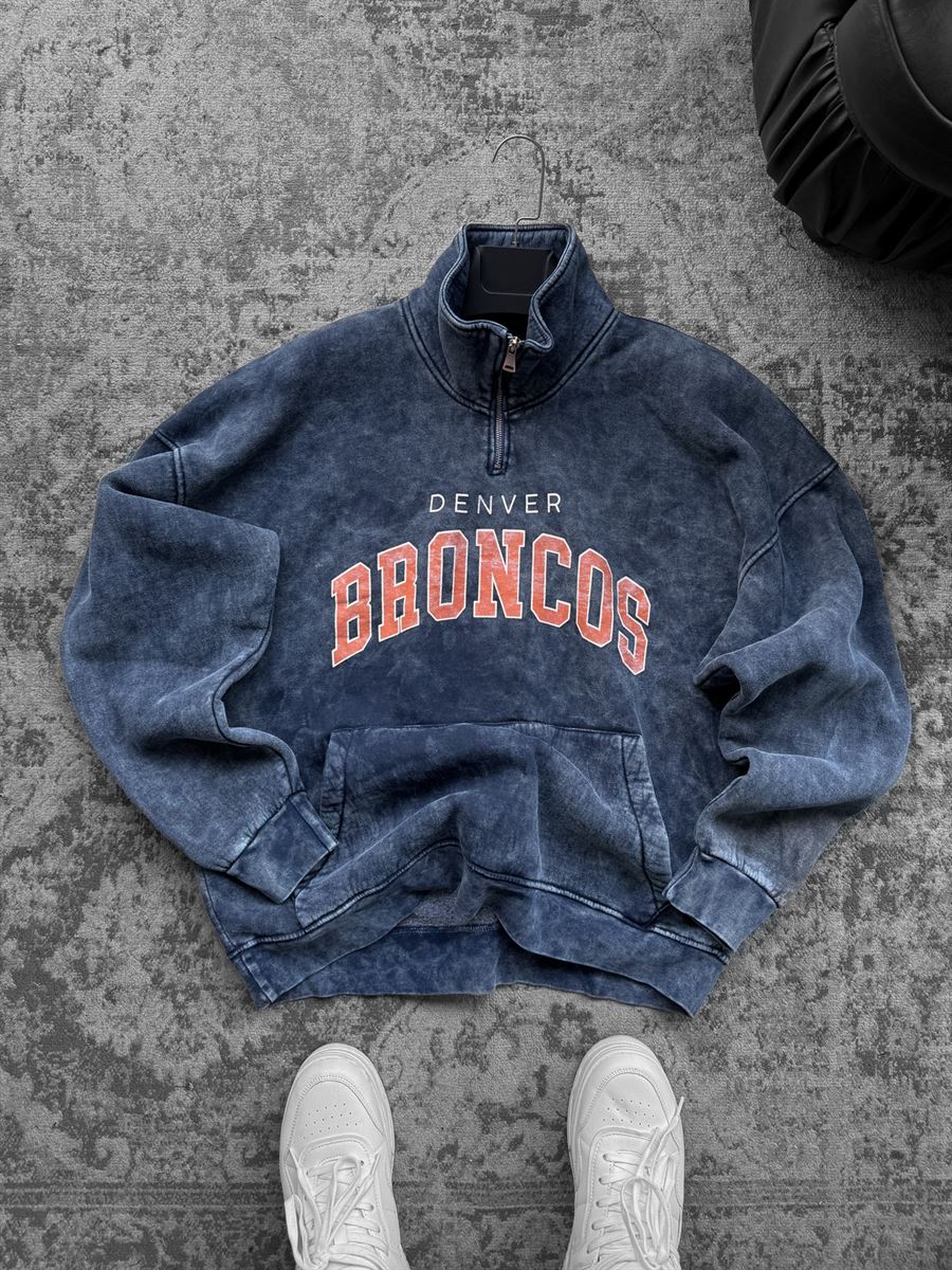 Lacivert Broncos Yarım Fermuarlı Yıkamalı Sweat JJ-332