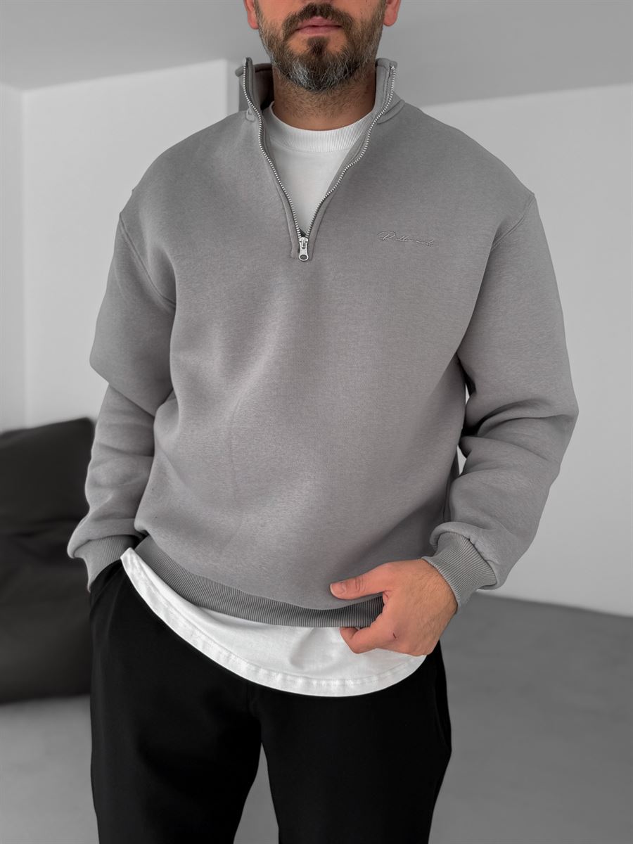 Füme Yarım Fermuarlı Nakışlı Sweatshirt PM-135