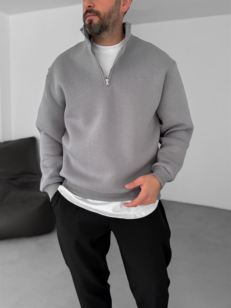 Füme Yarım Fermuarlı Nakışlı Sweatshirt PM-135