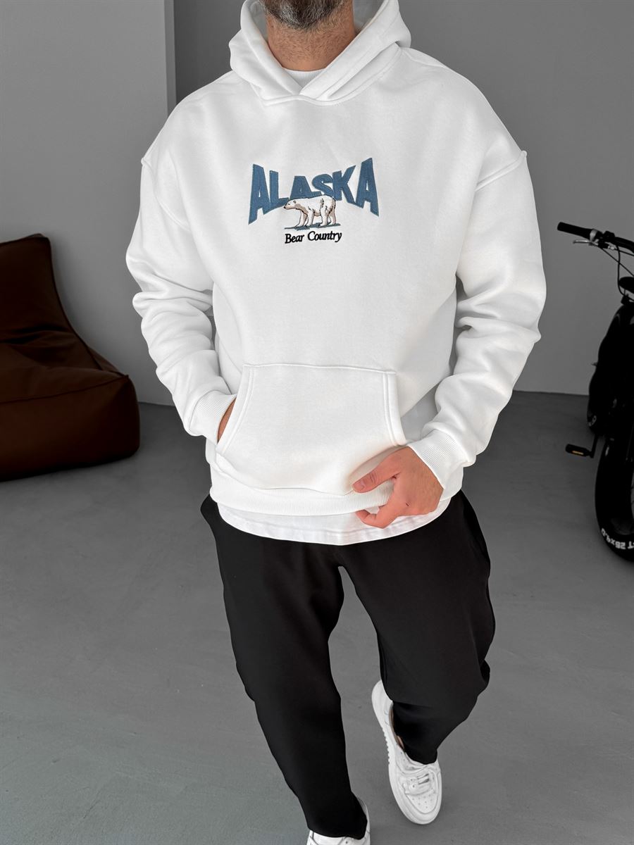 Beyaz Alaska Nakışlı Kapüşonlu Sweatshirt PM-154