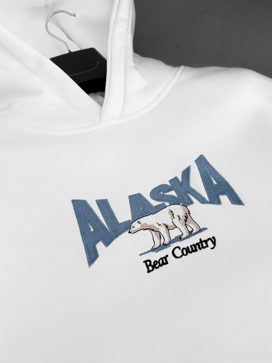 Beyaz Alaska Nakışlı Kapüşonlu Sweatshirt PM-154