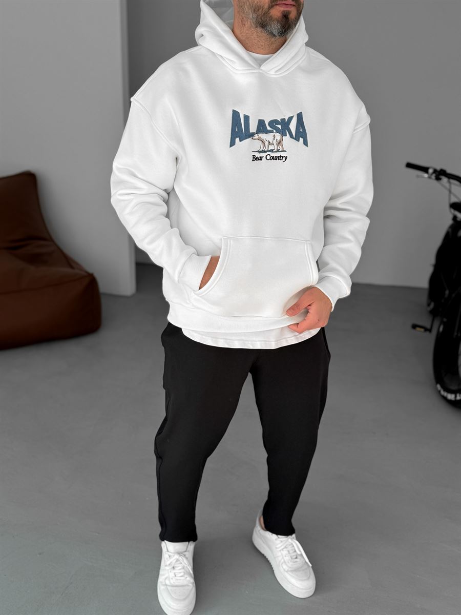 Beyaz Alaska Nakışlı Kapüşonlu Sweatshirt PM-154