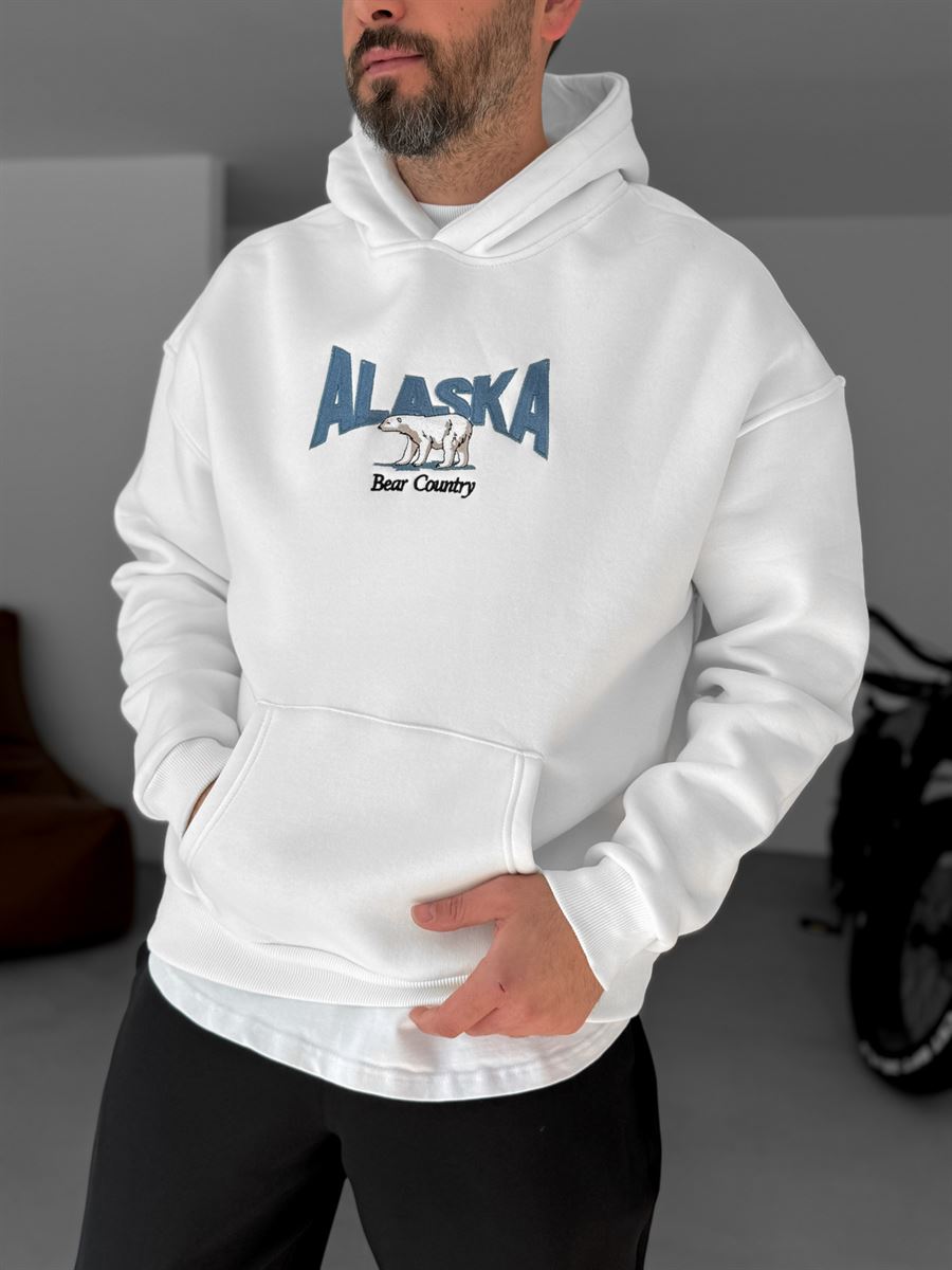 Beyaz Alaska Nakışlı Kapüşonlu Sweatshirt PM-154