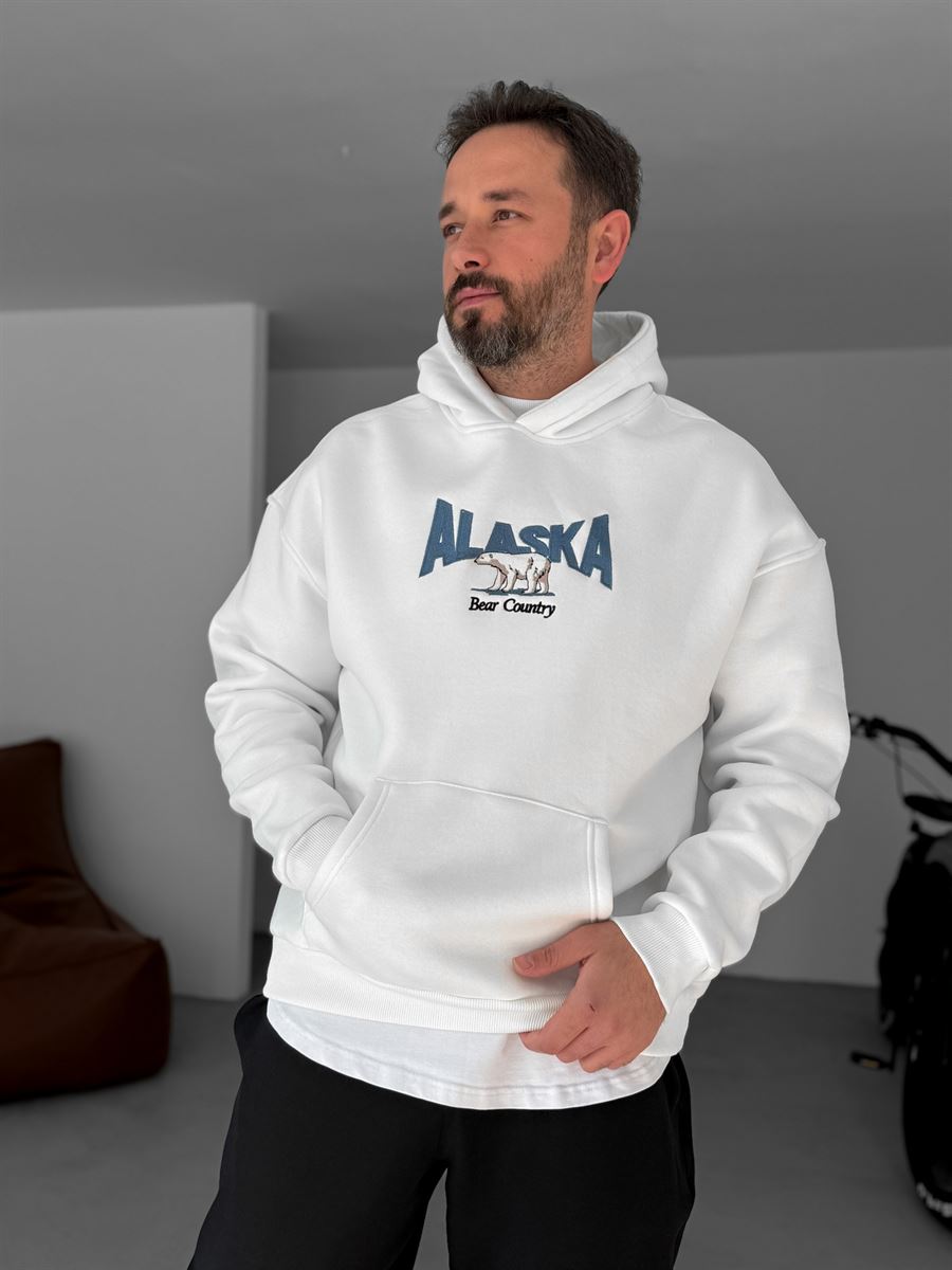 Beyaz Alaska Nakışlı Kapüşonlu Sweatshirt PM-154