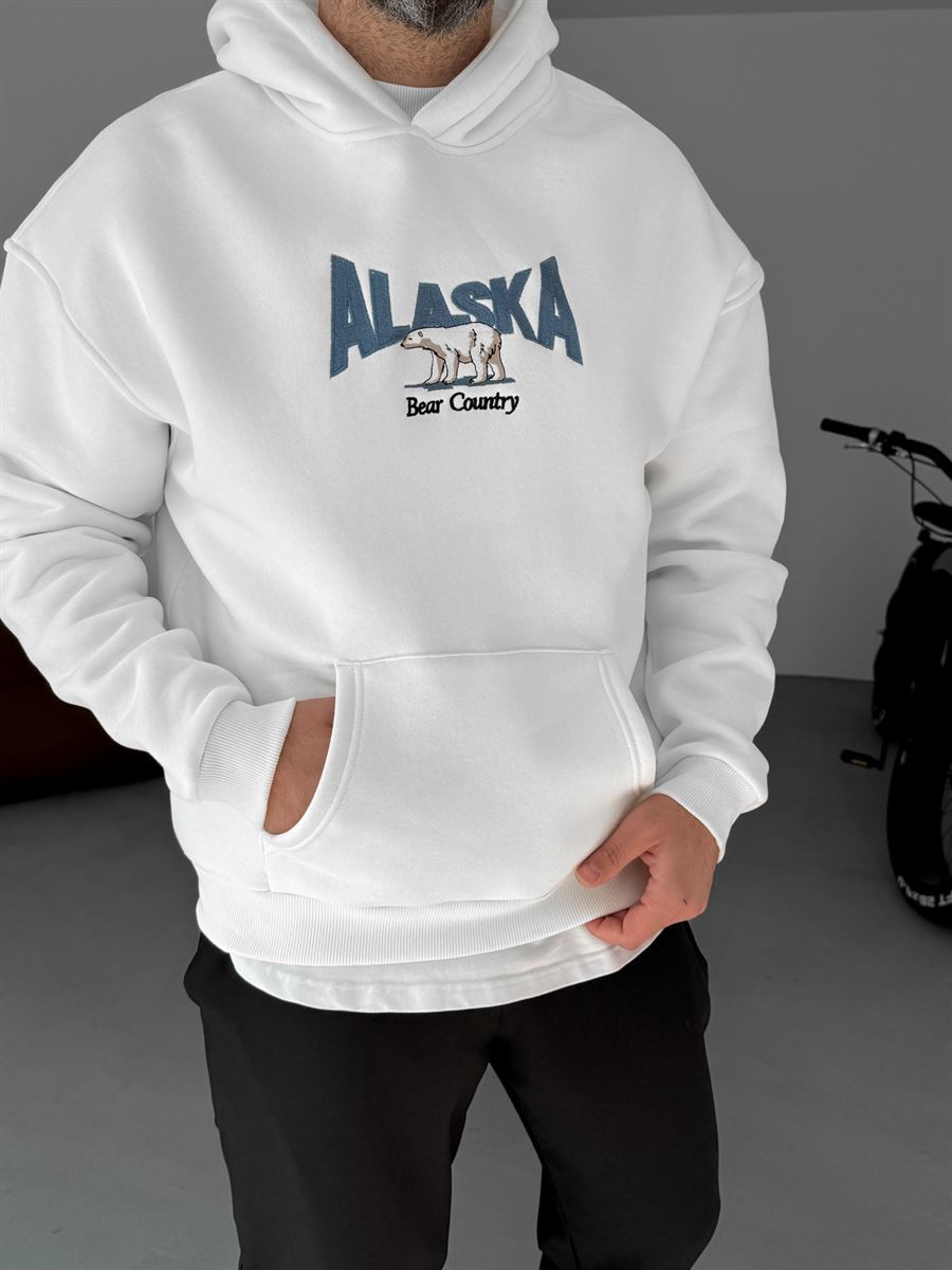 Beyaz Alaska Nakışlı Kapüşonlu Sweatshirt PM-154