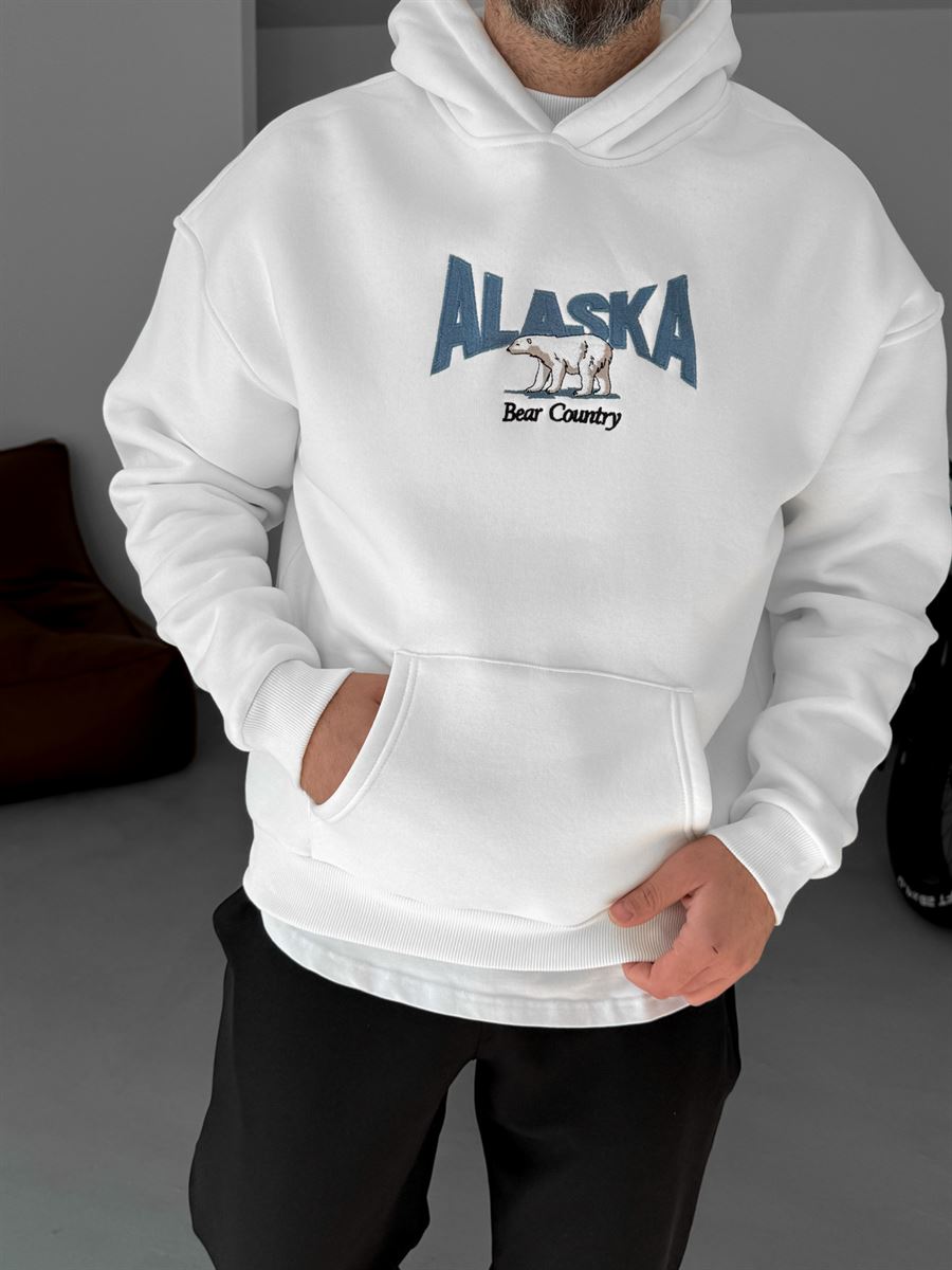 Beyaz Alaska Nakışlı Kapüşonlu Sweatshirt PM-154