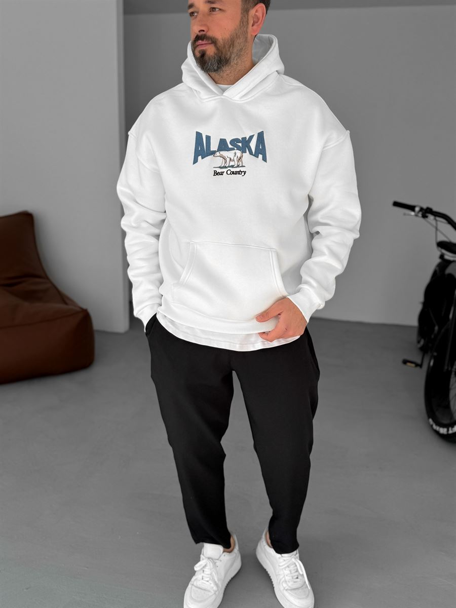 Beyaz Alaska Nakışlı Kapüşonlu Sweatshirt PM-154