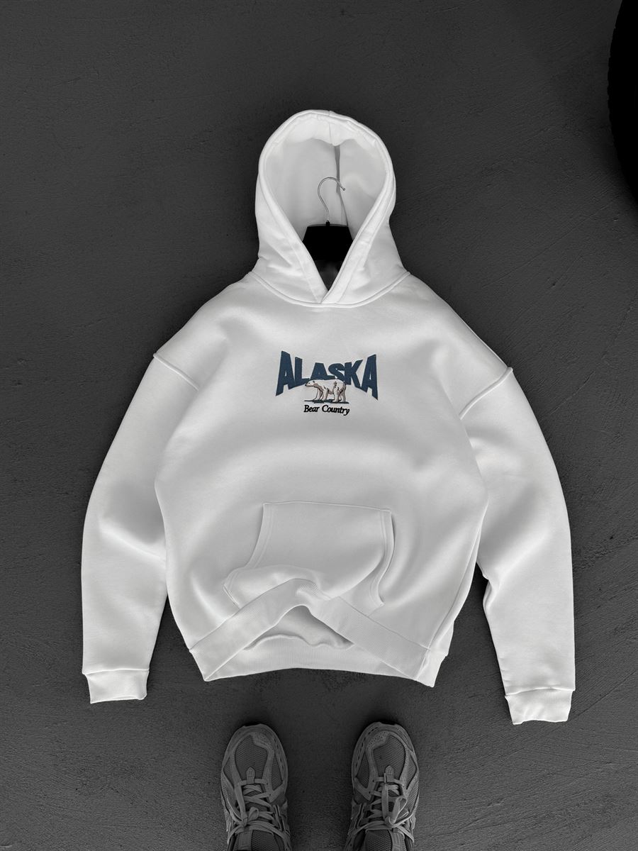 Beyaz Alaska Nakışlı Kapüşonlu Sweatshirt PM-154