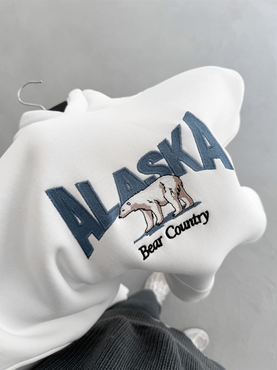 Beyaz Alaska Nakışlı Kapüşonlu Sweatshirt PM-154